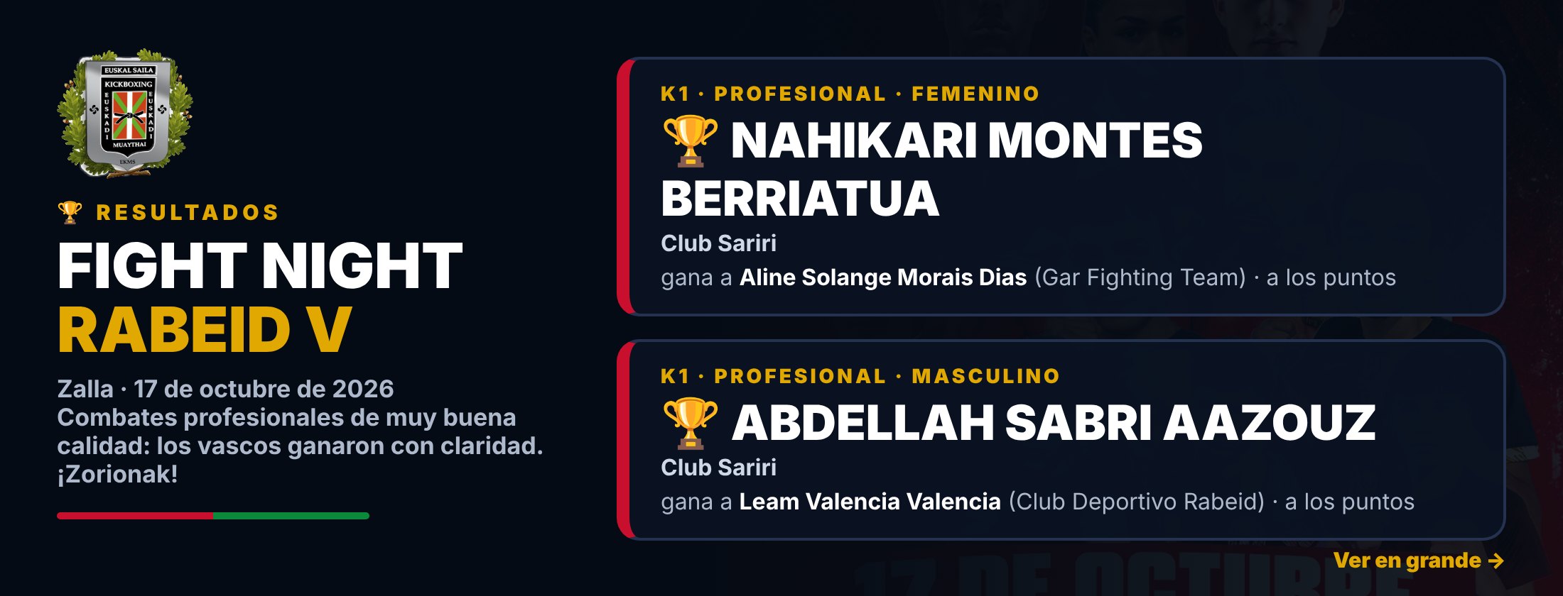 Resultados de la Fight Night Rabeid V (Zalla, 17 de octubre de 2026): en K1 profesional ganan Nahikari Montes Berriatua y Abdellah Sabri Aazouz, del Club Sariri, a los puntos.